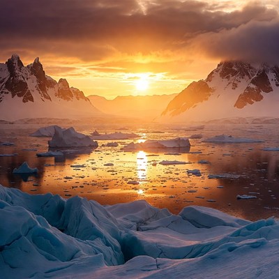 Sunset over icy mountains and water
