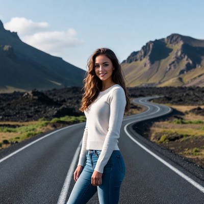 Woman on winding road in iceland