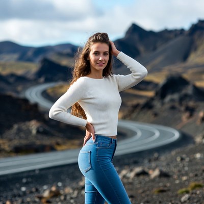 Woman posing near winding road in landscape