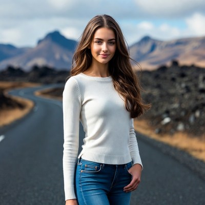 Model stands on empty road in iceland