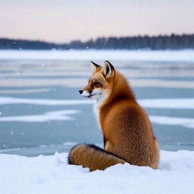 Fox sitting by icy lake