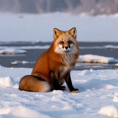 Fox sitting on snow by water