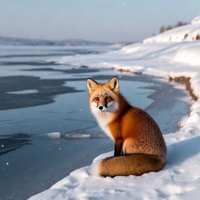 Fox sitting on snowy edge by the water