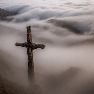 Cross on a misty hilltop