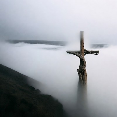 Fog covers a cross in the landscape