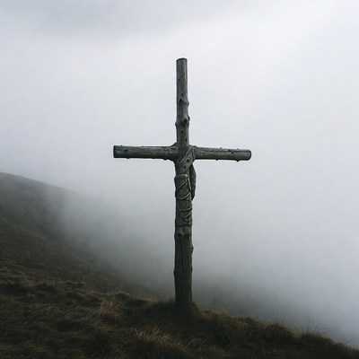 Wooden cross in foggy landscape