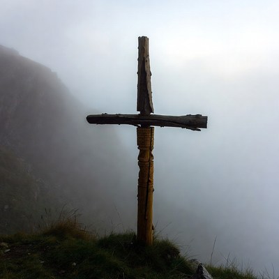 Wooden cross stands on foggy cliff