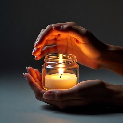 Hands holding a candle in a dark room