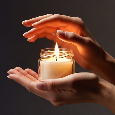 Hands holding a candle with flame