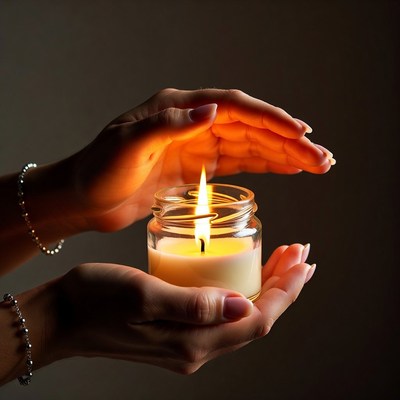 Hands holding a candle flame at night