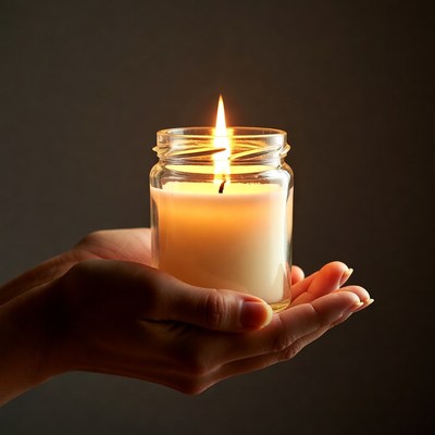 Hand holding a lit candle indoors at night