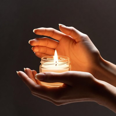 Hands holding a glowing candle at night
