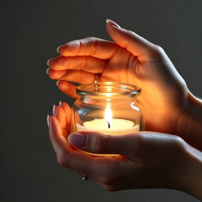Hands holding a lit candle in dark