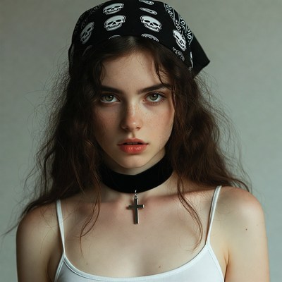 Young person with skull bandana and cross