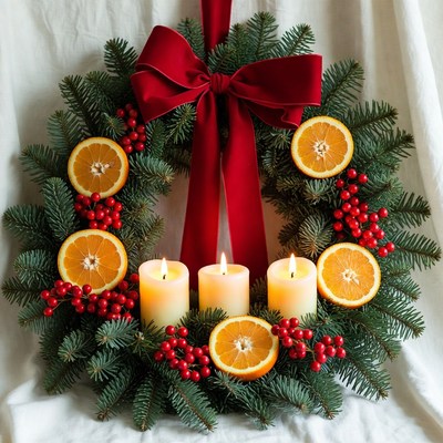Decorative wreath with candles and fruit
