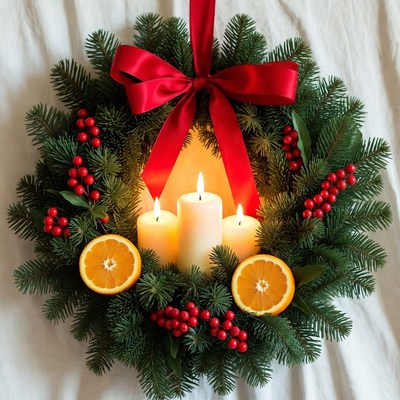 Holiday wreath with candles and fruits