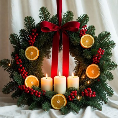 Christmas wreath with candles and oranges