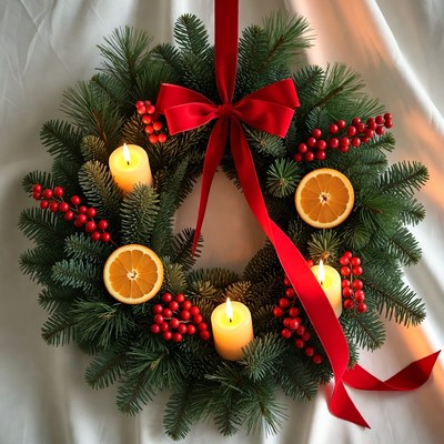 Holiday wreath with candles and fruit