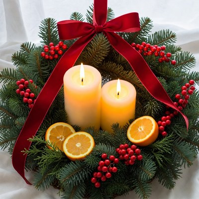 Holiday candle arrangement with fruit