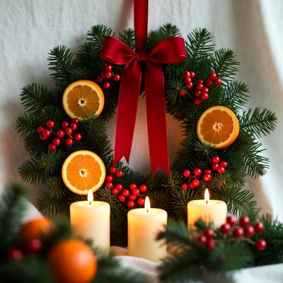 Holiday wreath with candles and fruit
