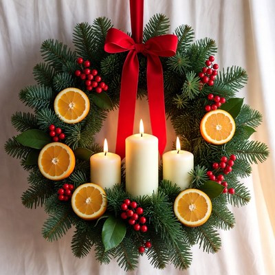 Holiday wreath with candles and fruit