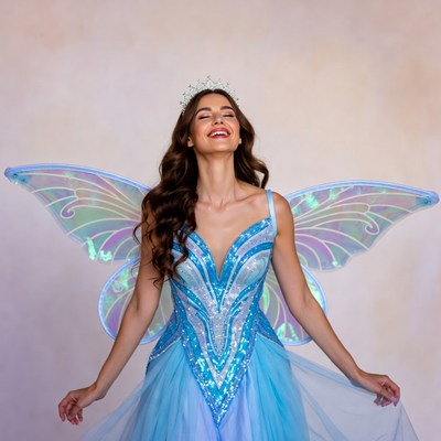 Joyful fairy in blue costume