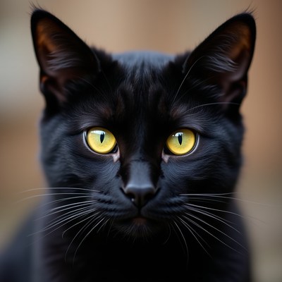 Black cat with yellow eyes close up