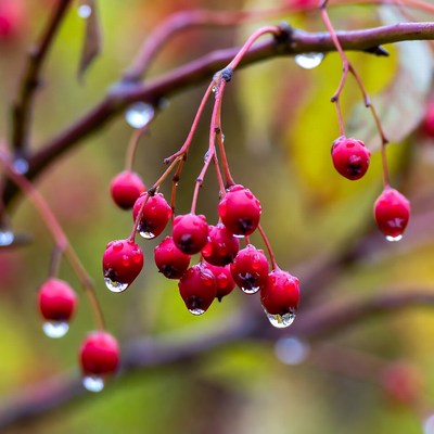 Red berries with water drops on branch