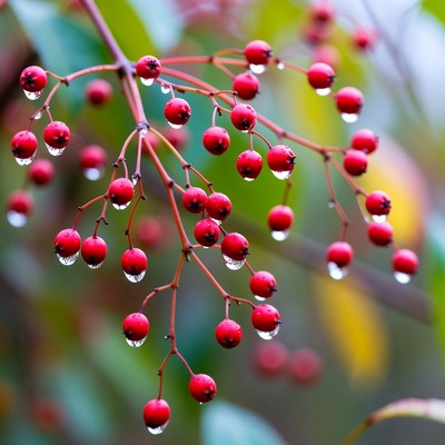 Bright red berries with rain droplets on branch