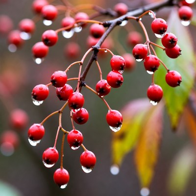 Red berries with droplets hanging