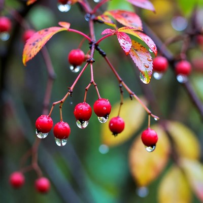 Red berries with water droplets on branches