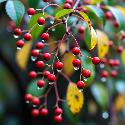 Red berries with raindrops on branches