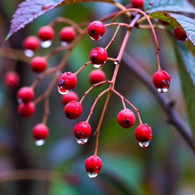 Red berries with water droplets hanging