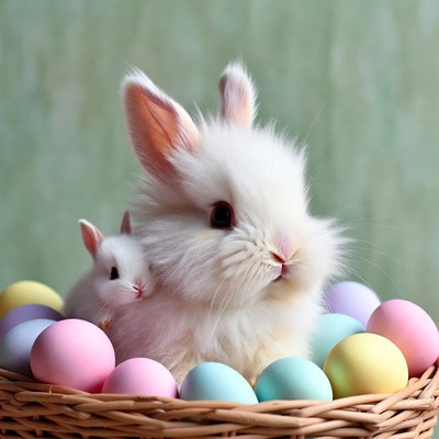 Rabbits with easter eggs in basket