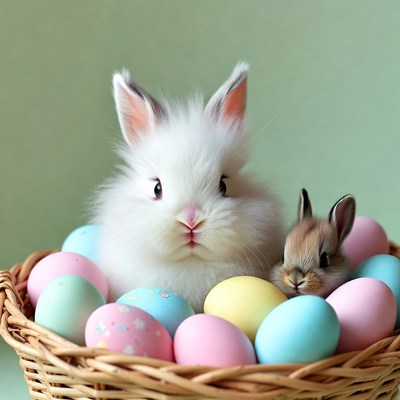 Rabbits in a basket with eggs