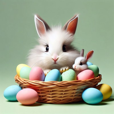 Rabbits with colorful eggs in basket