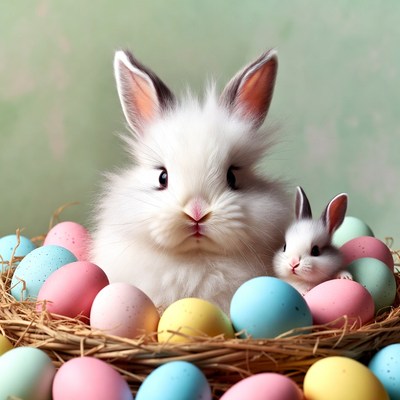 Bunnies among colored eggs in nest