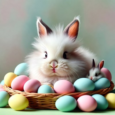 Cute rabbits with colorful eggs