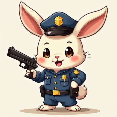 Cute rabbit in police uniform holding gun