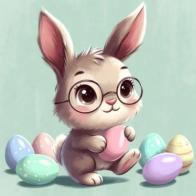 Cute bunny holds a pastel egg