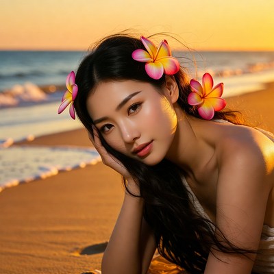 Woman by the shore at sunset