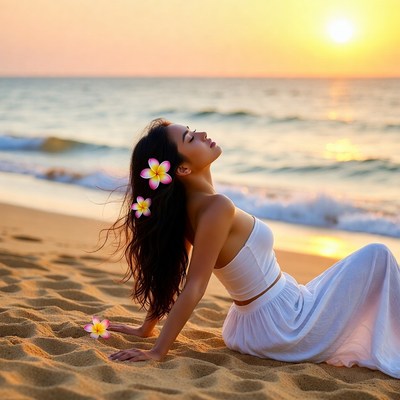 Woman sitting on beach at sunset