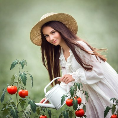 Young woman watering tomato plants