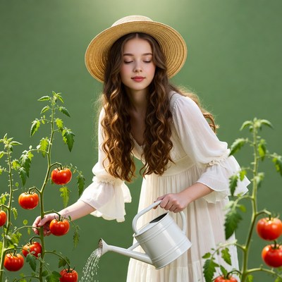 Girl watering tomato plants in garden