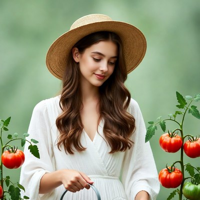Young woman picking tomatoes in garden