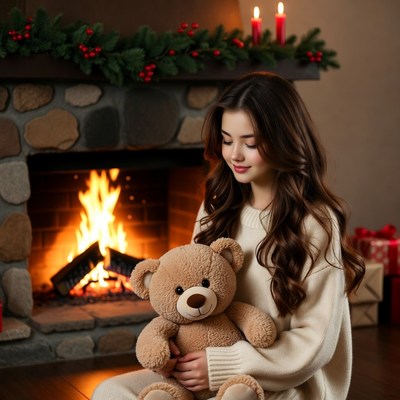 Girl by the fireplace with teddy bear