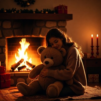 Warm evening with teddy bear by the fire