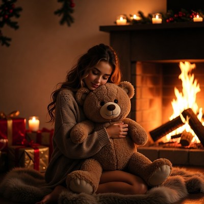 Cozy time by the fireplace with a teddy bear