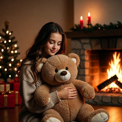 Teddy bear by the fireplace