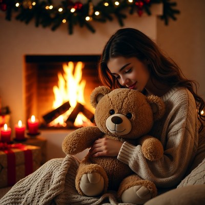 Cozy evening by the fireplace with a teddy bear
